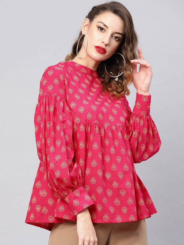 Women's Pink & Golden Printed Tunic - AKS