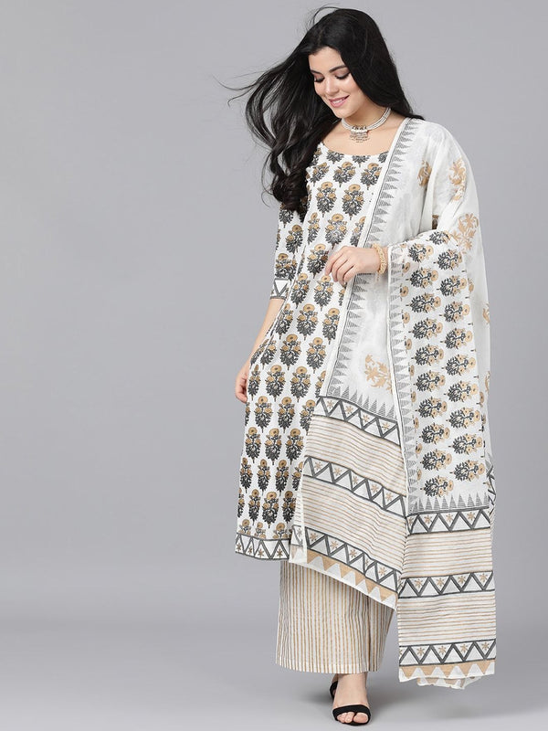 Women's  White & Gold-Toned Embroidered Kurta with Sharara & Dupatta - AKS