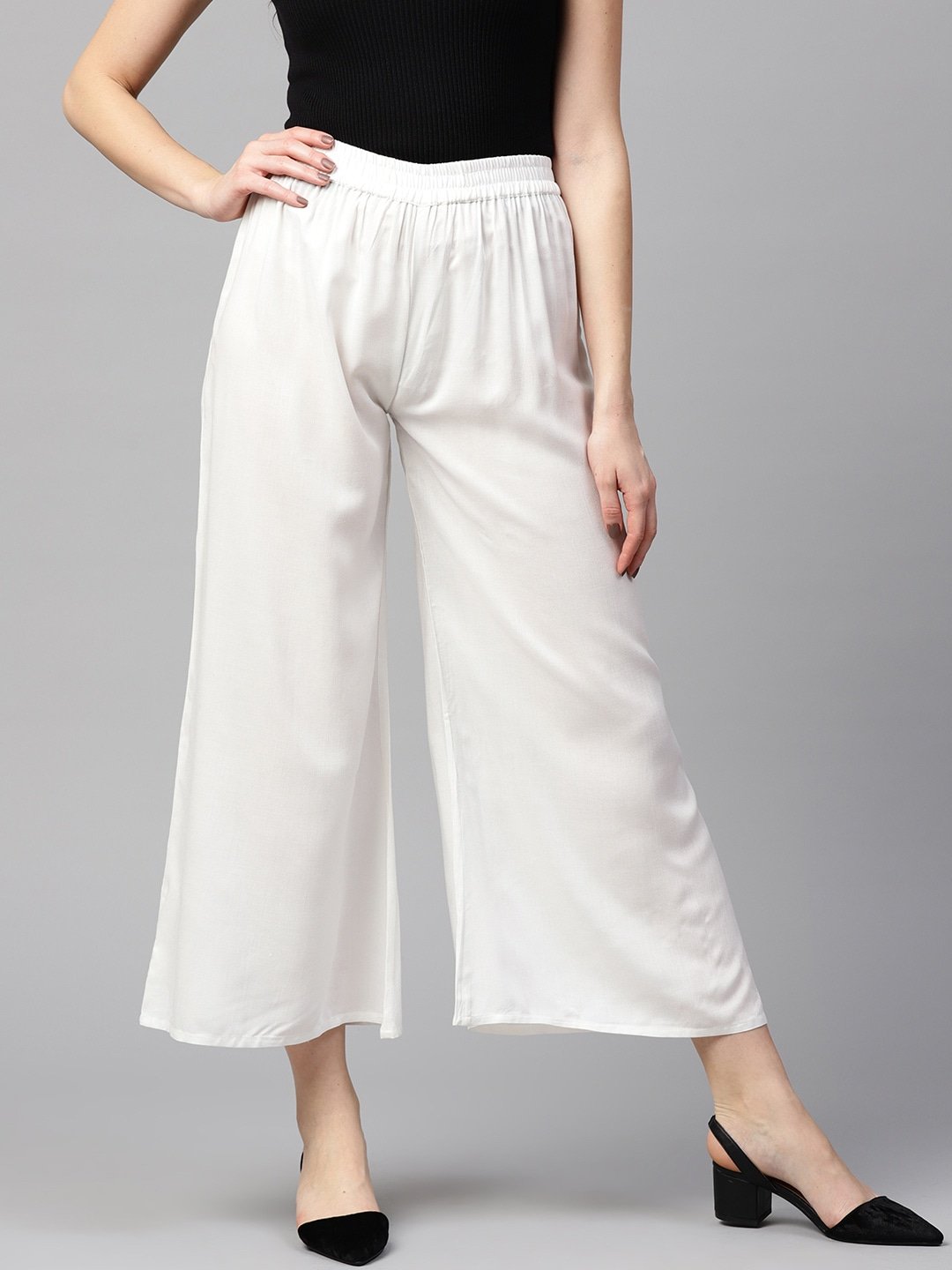 Women's White Solid Palazzos - Yufta