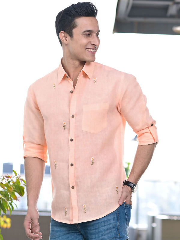 Men's Peach Linen Embroidery Shirt - Hatheli