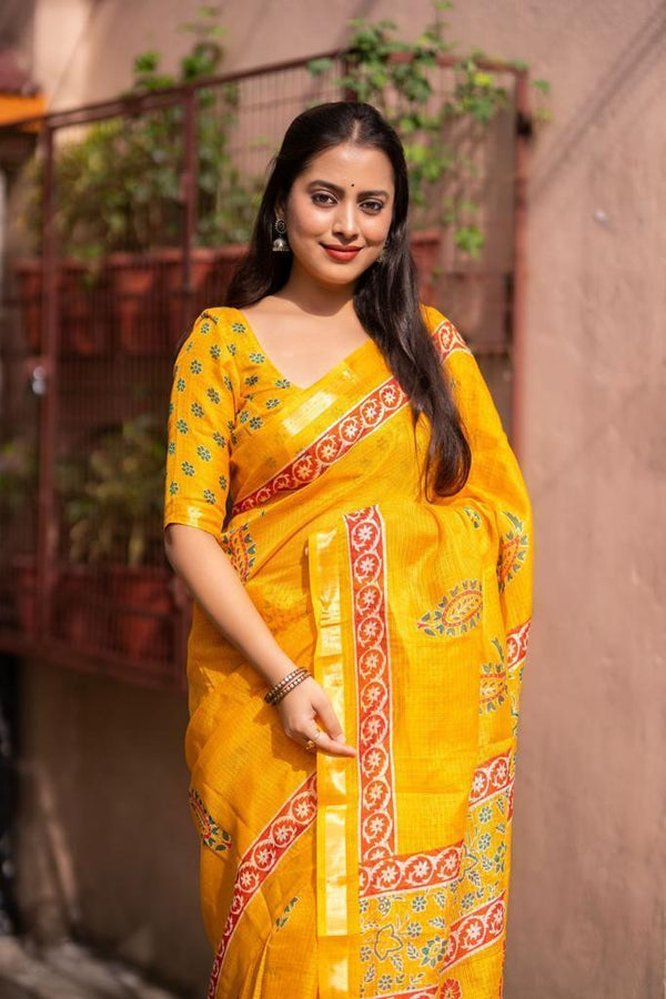 Women's Silk Blend Mustard  Saree - A2M