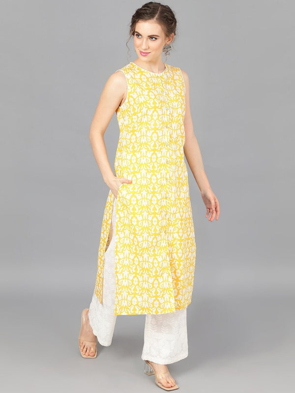 Women's  Yellow & White Printed Straight Kurta - AKS