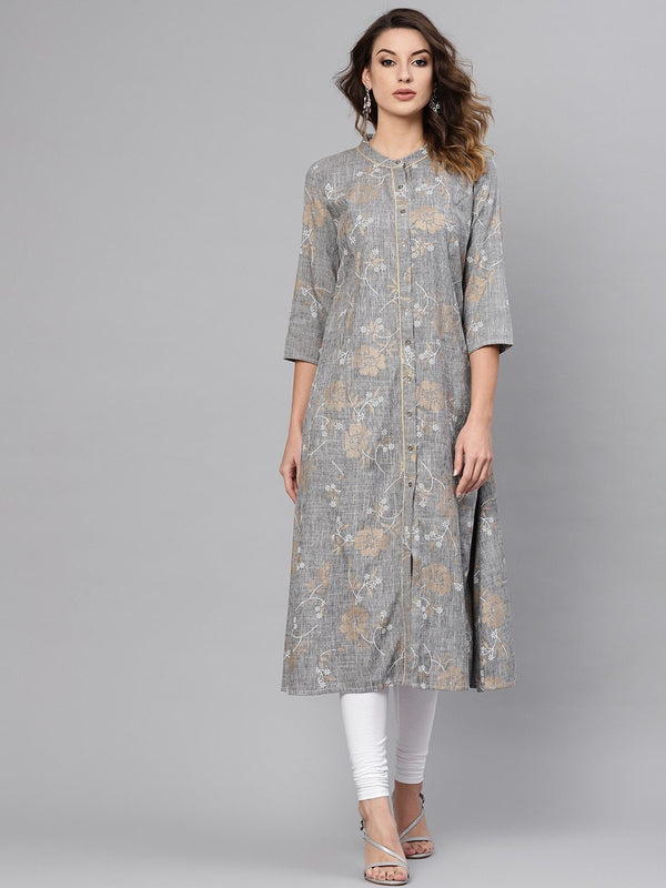 Women's  Grey & Golden Floral Printed A-Line Kurta - AKS