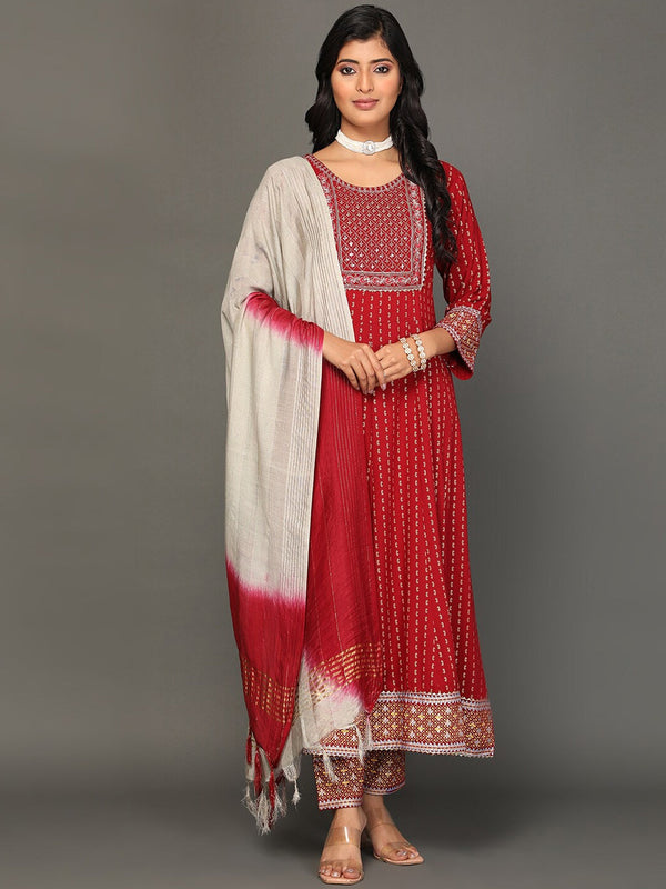 Women's Ethnic Motifs Printed Thread Work Sequinned Kurta With Trousers & Dupatta - Noz2Toz