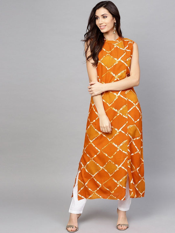 Women's  Orange & Mustard Yellow Checked Straight Kurta - AKS