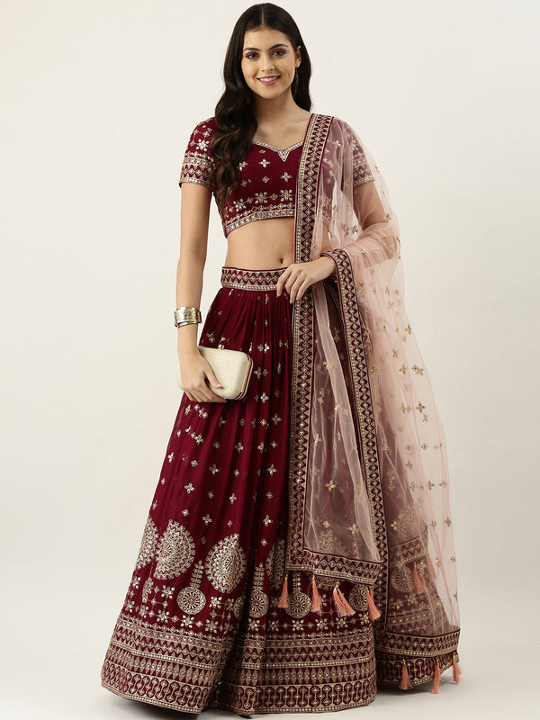 Women's Burgundy Pure Georgette Embroidered Lehenga & Blouse, Dupatta - Royal Dwells