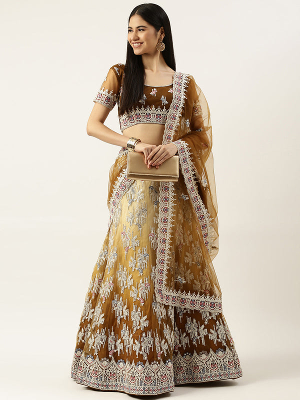 Women's Mustard Net Multi Colour Thread Embroidered Lehenga & Blouse, Dupatta - Royal Dwells