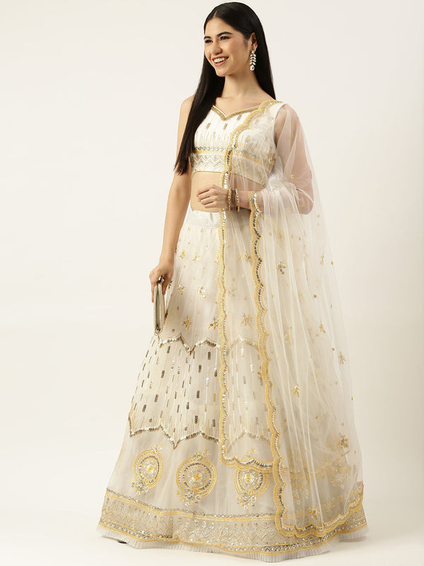 Women's Cream Net Sequince Work Lehenga & Blouse, Dupatta - Royal Dwells