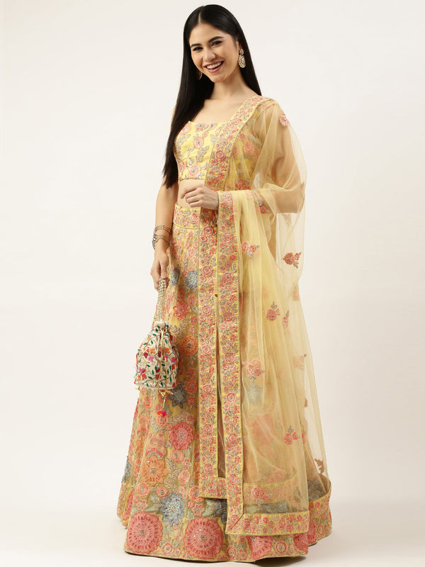 Women's Yellow Net Coding Work Lehenga & Blouse, Dupatta - Royal Dwells