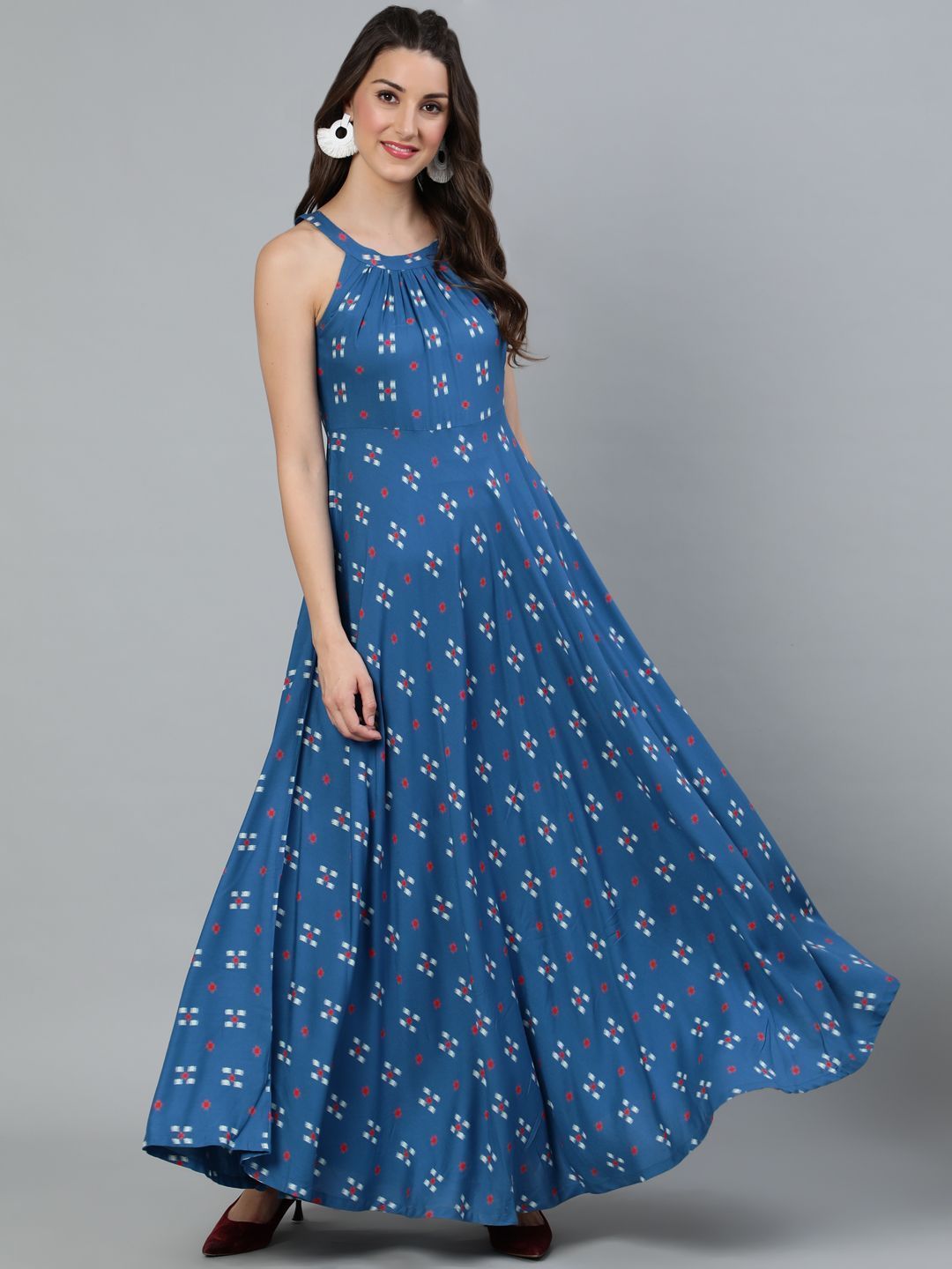 Women's Blue Printed Halter Neck Flared Maxi  - AKS