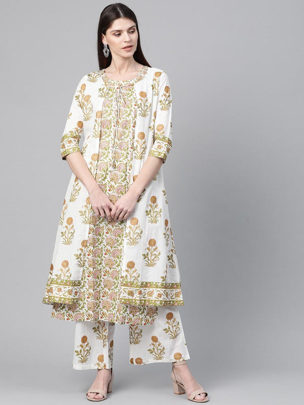 Women's  White & Olive Green Foil Printed Kurta with Palazzos & Ethnic Jacket - AKS