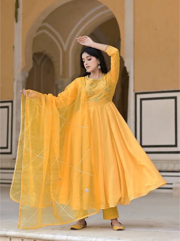 Women's Marigold Yellow Embroidered Anarkali Set - Hatheli