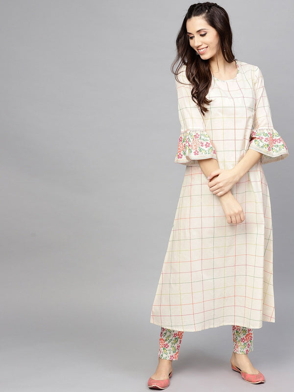 Women's  Off-White Checked A-Line Kurta - AKS