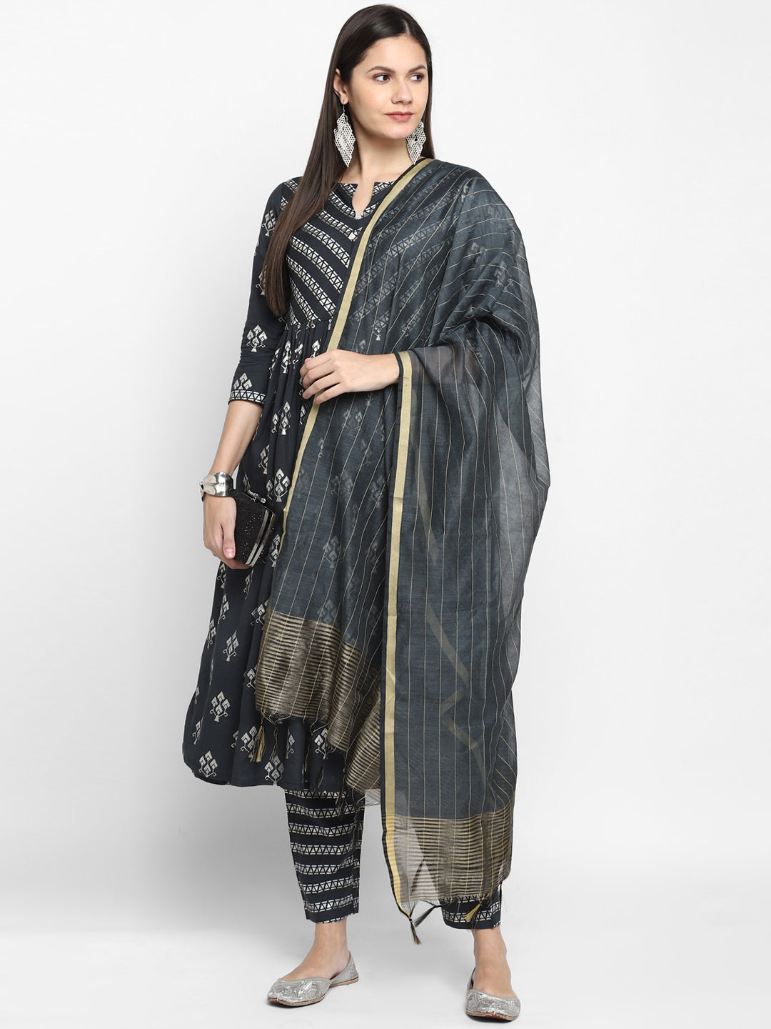 Women's Black Color Cotton Blend Straight Printed Kurta Pant With Dupatta - Vaaba