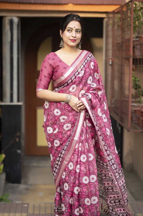 Women's Pink Kota Silk Zari Printed Saree - A2M