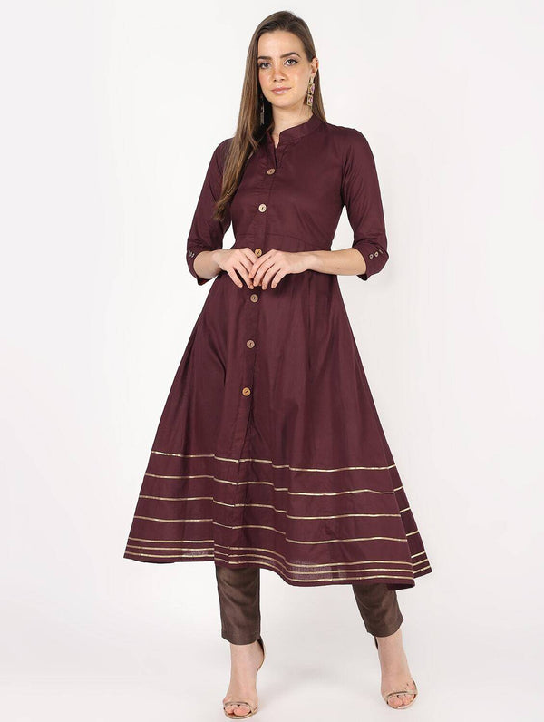 Women's Brown A-Line Front Buttoning With Gotta Work Kurti - Cheera