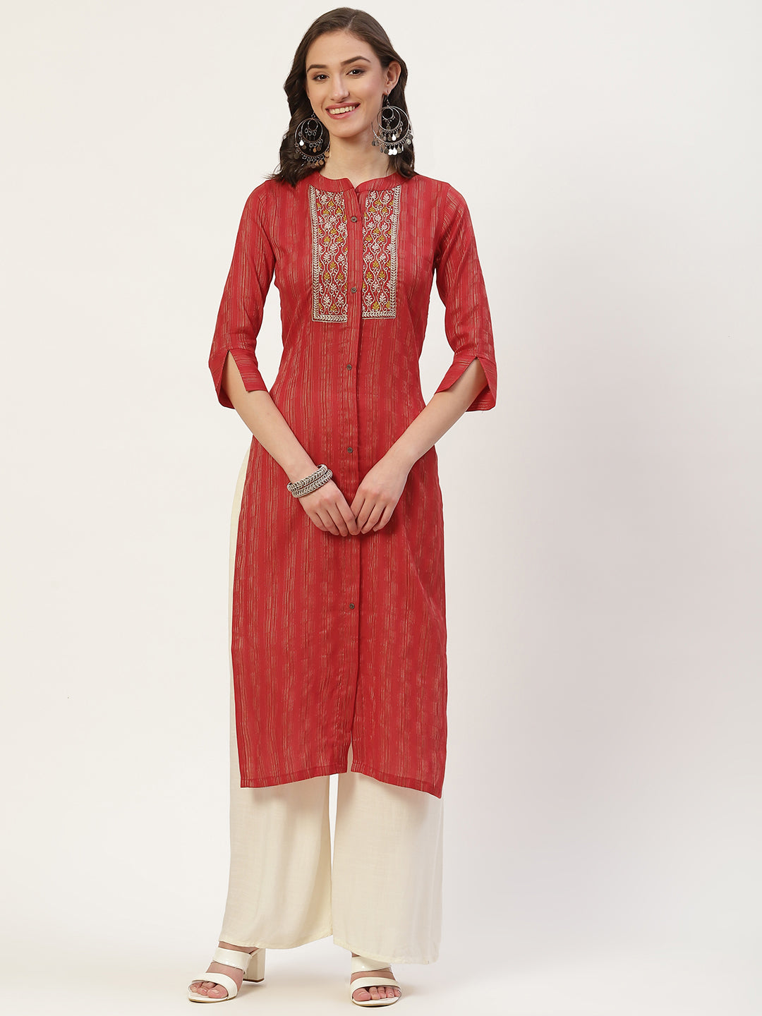 Women's Red Pure Cotton Embroidered Straight Kurta - Vaaba