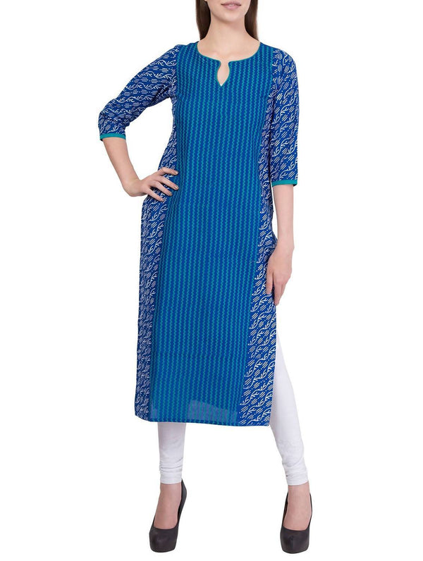 Women's Royal Blue Hand Block Print Straight Kurta Only - Cheera