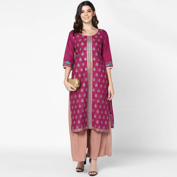 Women's Purpal & Skin Color Cotton Hand Block Print Straight Kurta With Palazzo Set - Cheera