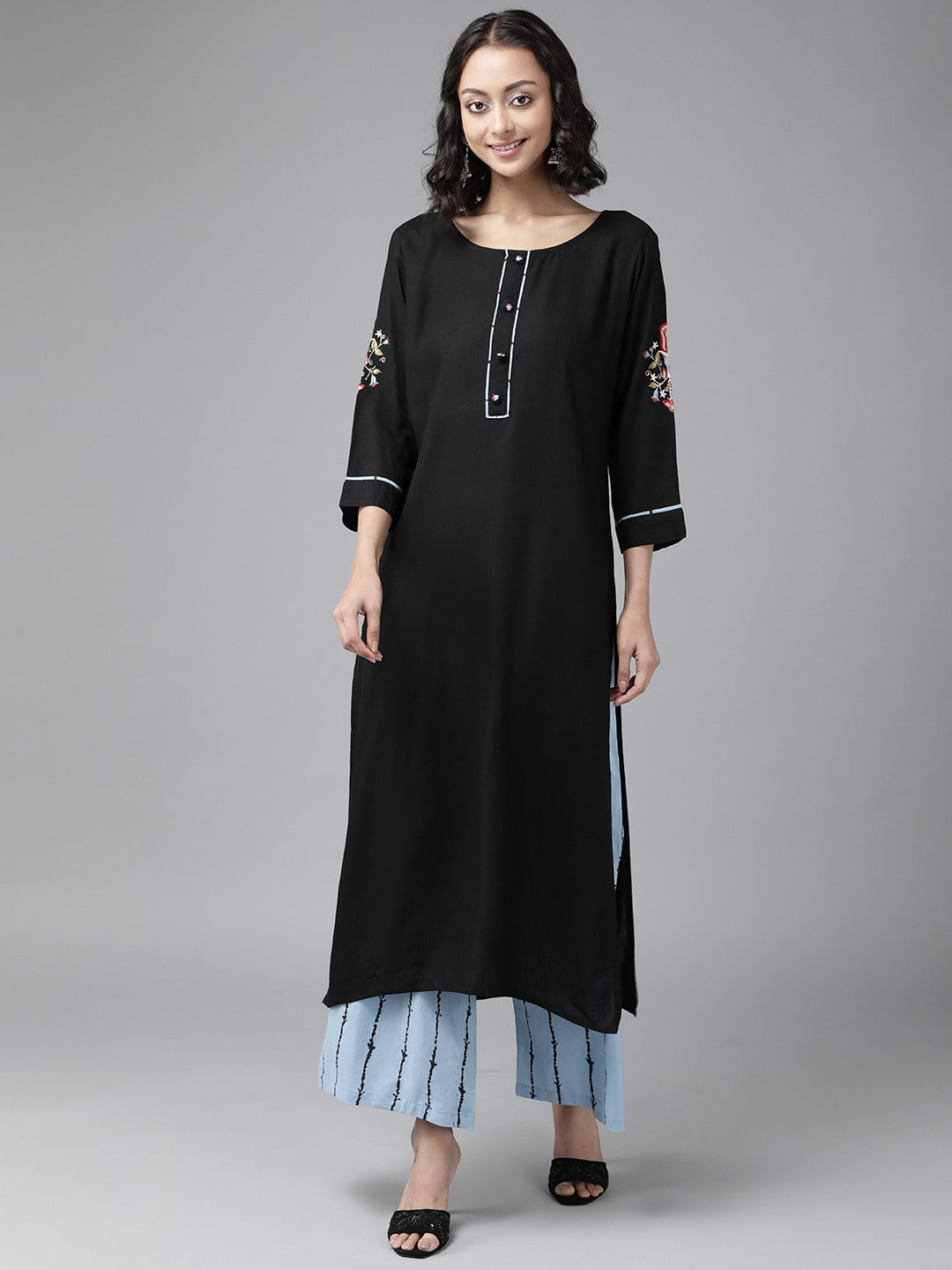 Women's Black Kurta With Palazzo Set - Yufta