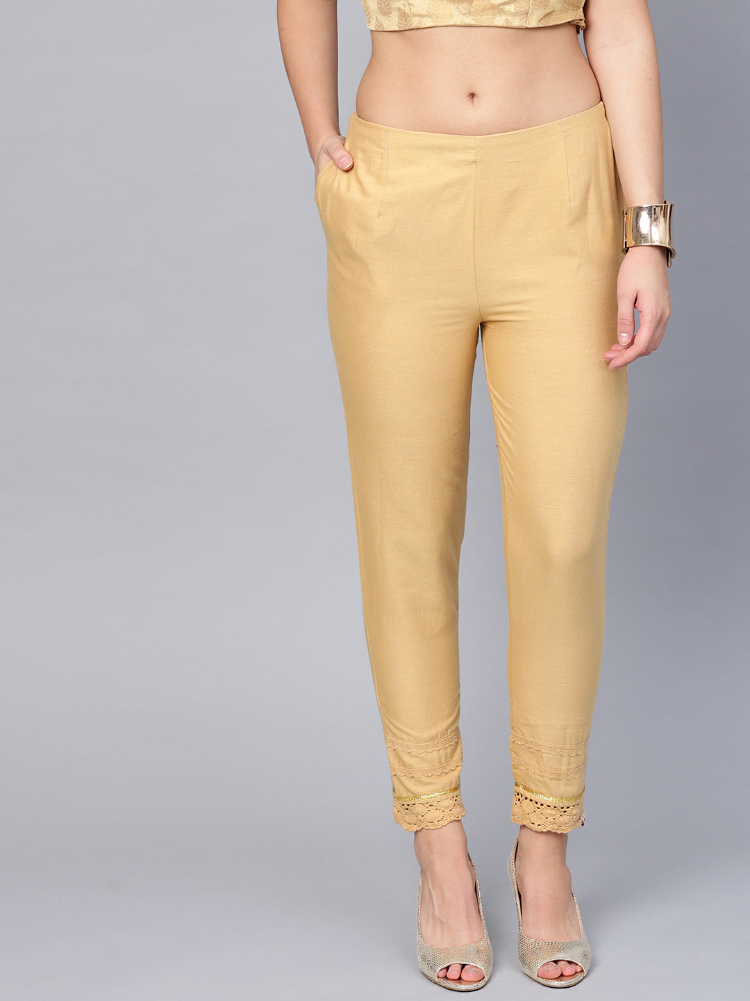 Women's Gold Cotton Flex Solid Slim Fit Pant/Slim Pant - Juniper