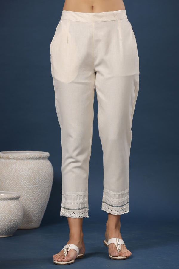 Jashvi Off-White Solid Cotton Flex Slim Fit Women Pants With One Pocket