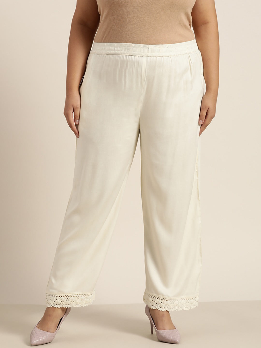 Women's Ivory Off-White Solid Wide Leg Palazzo - Juniper