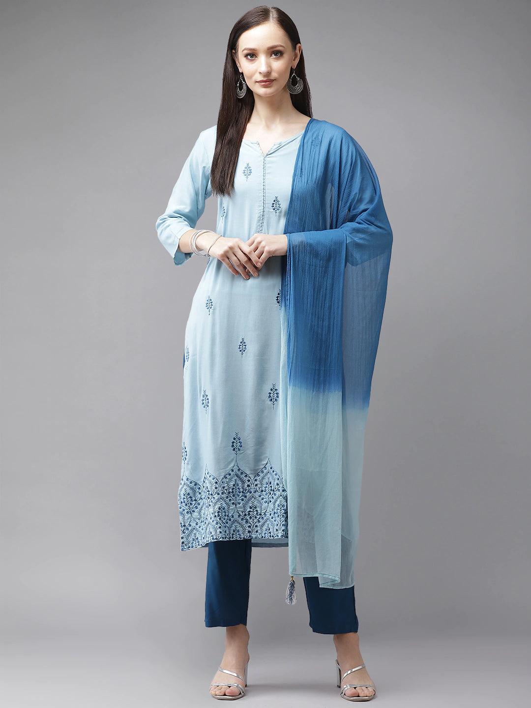 Women's Blue Embroidered Thread Work Kurta With Palazzos & With Dupatta - Yufta