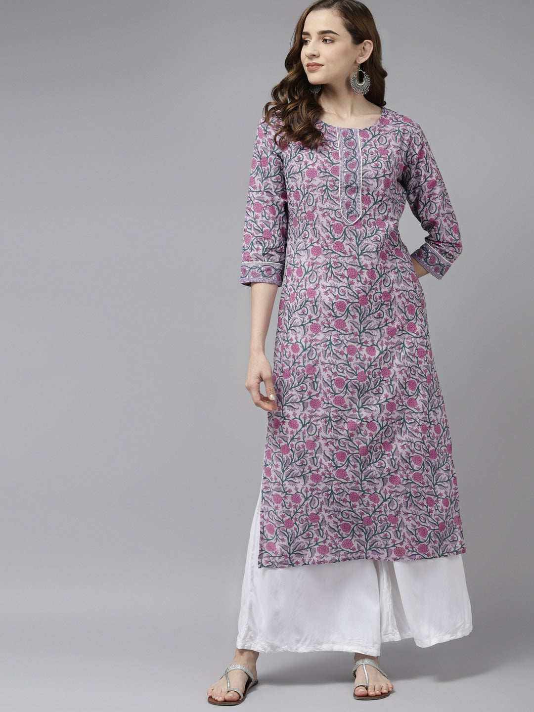 Women's Lavender & Green Pure Cotton Floral Print Kurta - Yufta