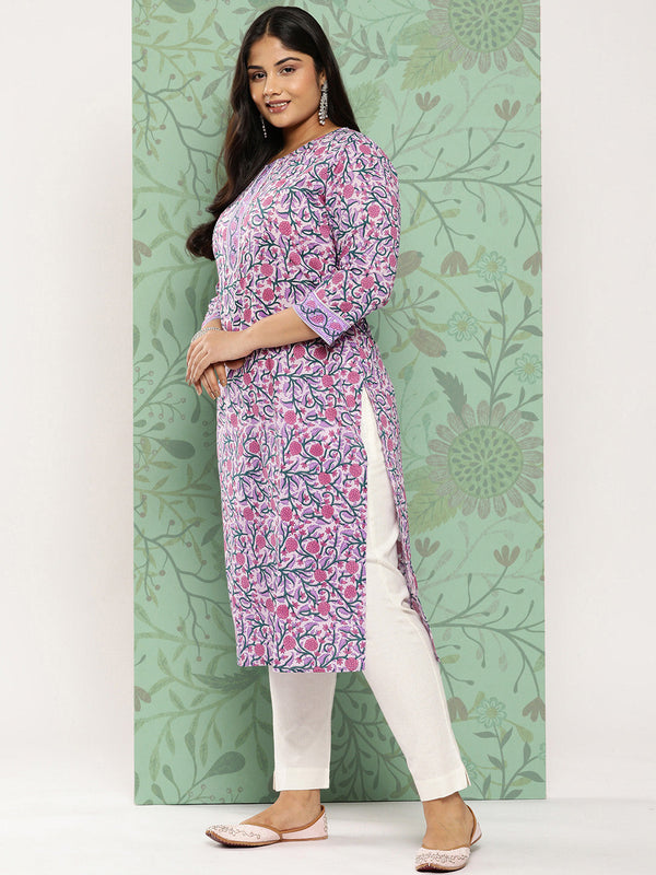 Women's Lavender & Green Pure Cotton Floral Print Kurta - Yufta