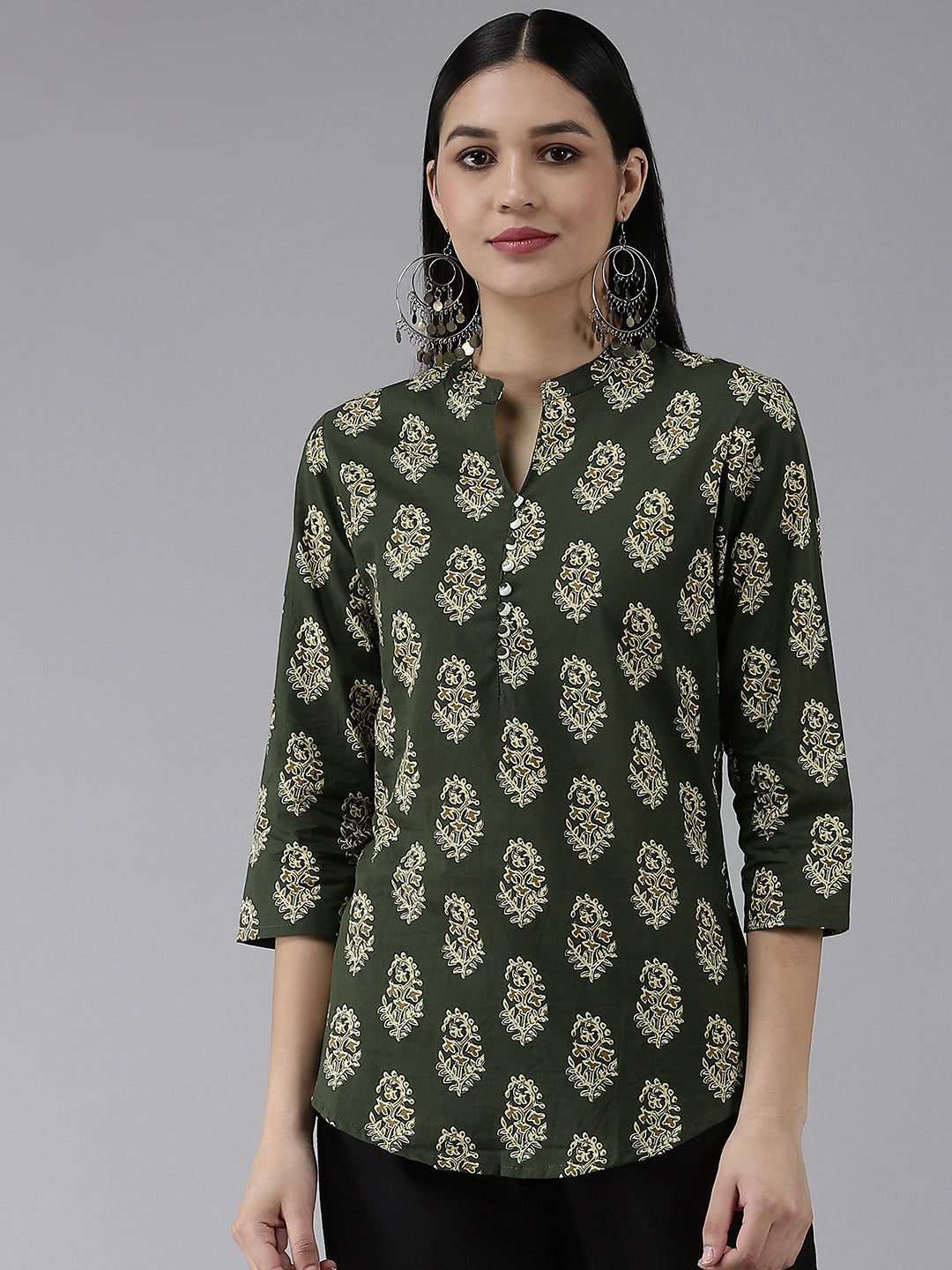 Women's Green Screen Print Potli Buttons Regular Top - Yufta