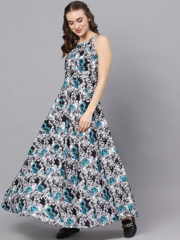 Women's  Blue Printed Maxi Dress - AKS