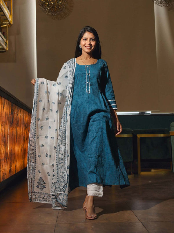 Women's Midnight Blue Cotton Dobby Kurta With Palazzo & Dupatta Set - Hatheli