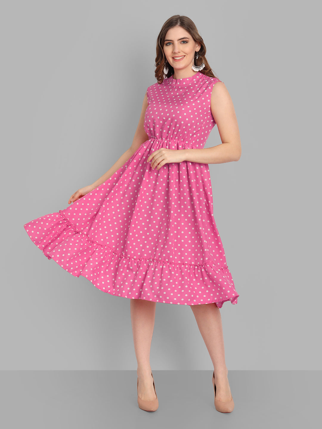 Women's Pink Polka Dots Printed Crepe Dress - Singni