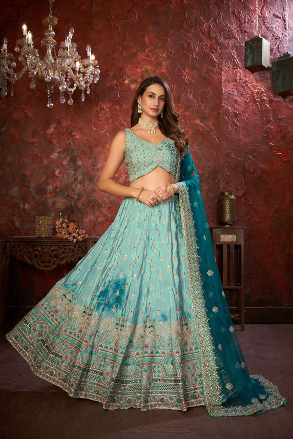 Women's Sky Blue Soft Net Thread And Mirror Embroidery Lehenga Choli - Kesar Fab