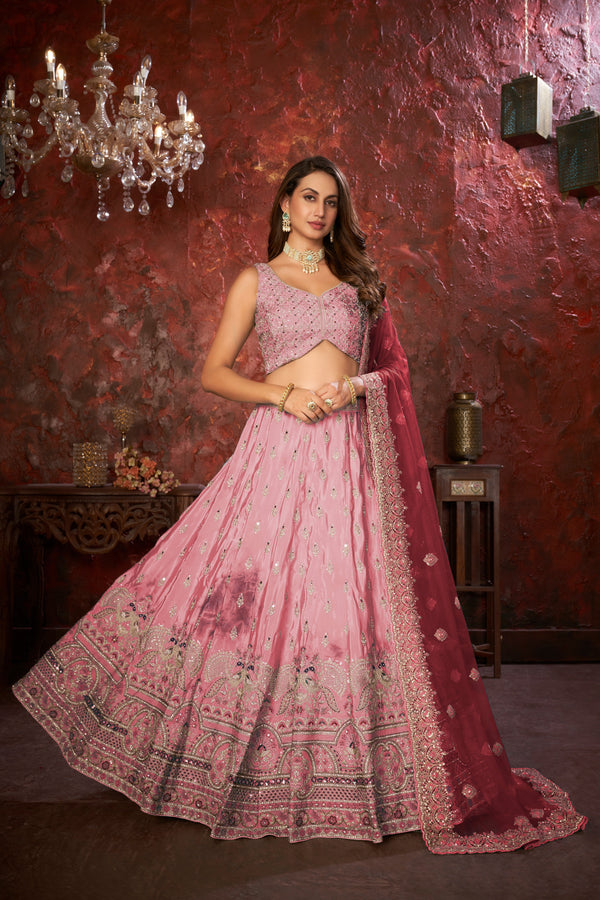 Women's Pink Soft Net Thread And Mirror Embroidery Lehenga Choli - Kesar Fab