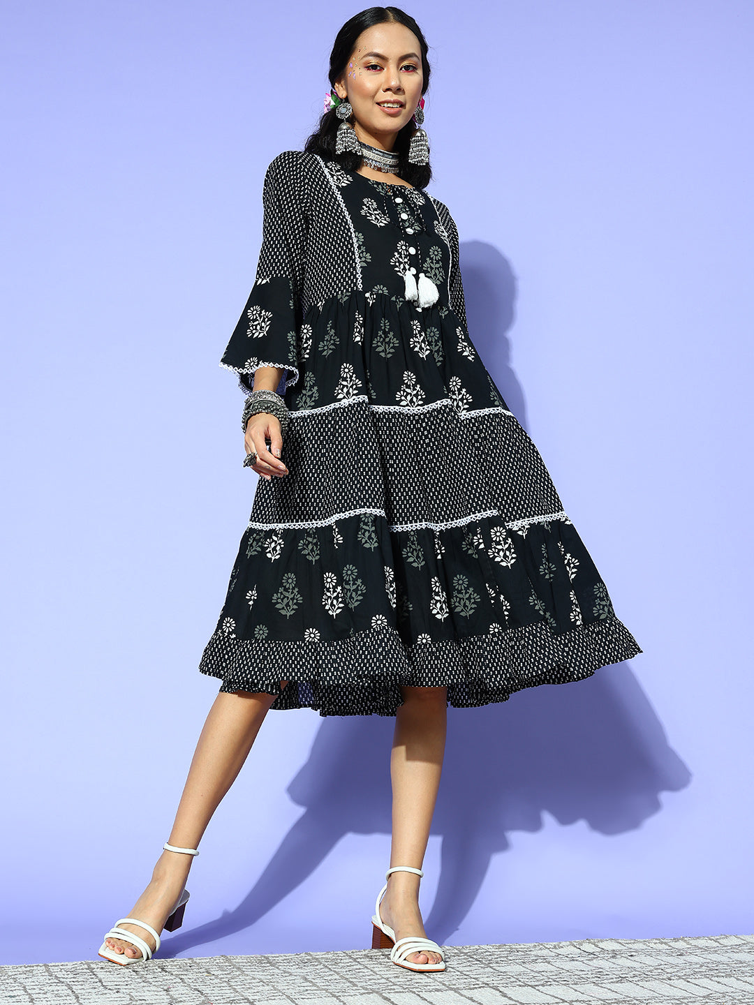 Women's Black Ethnic Motifs Lace Frill Cotton A Line Dress - Yufta