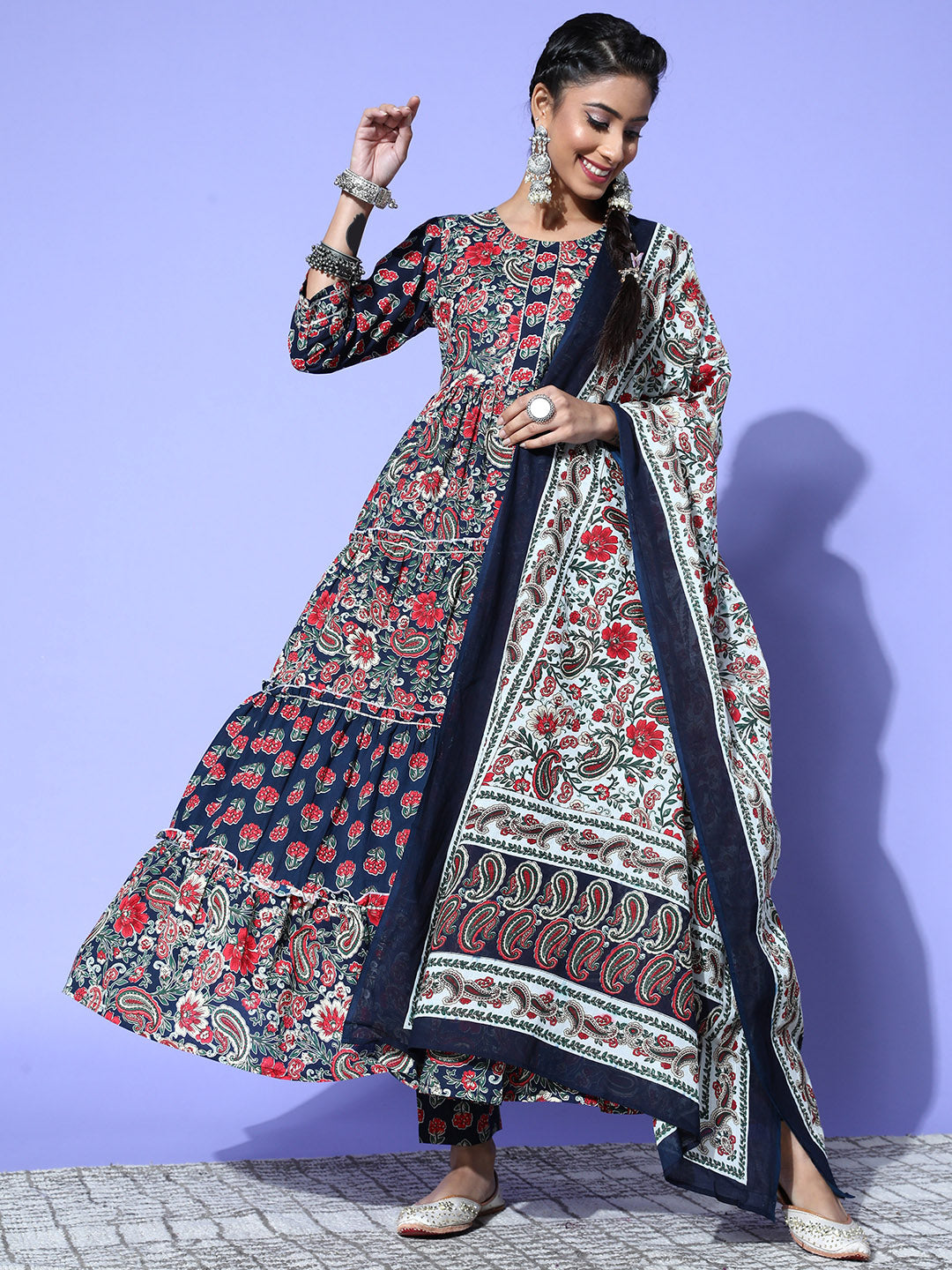 Women's Blue Floral Print Anarkali Kurta With Trousers And Dupatta Set - Yufta