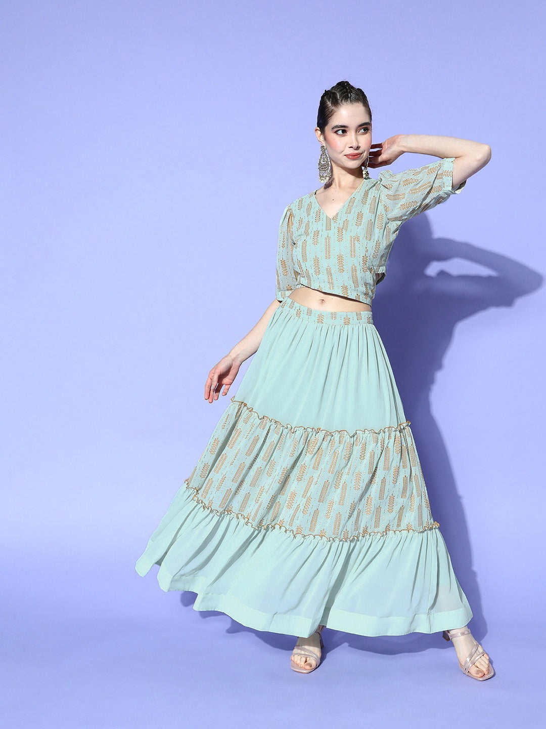 Women's Sea Green Printed Georgette Top And Skirt Set - Yufta