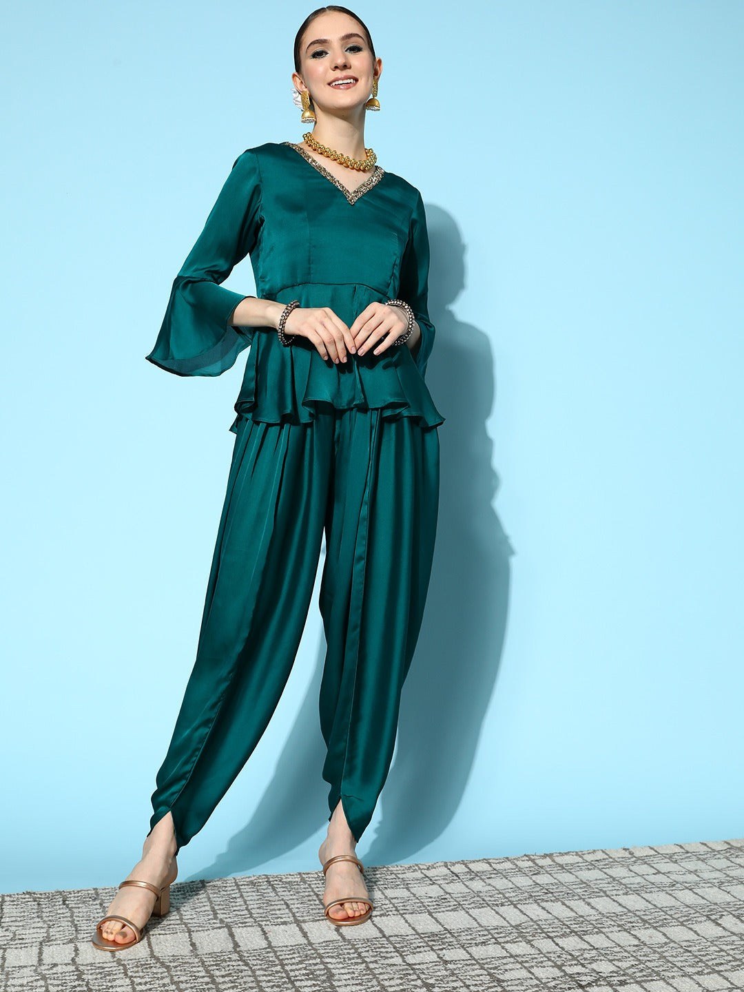 Women's Teal Green Solid Peplum Dhoti Pants Co Ords Set - Yufta