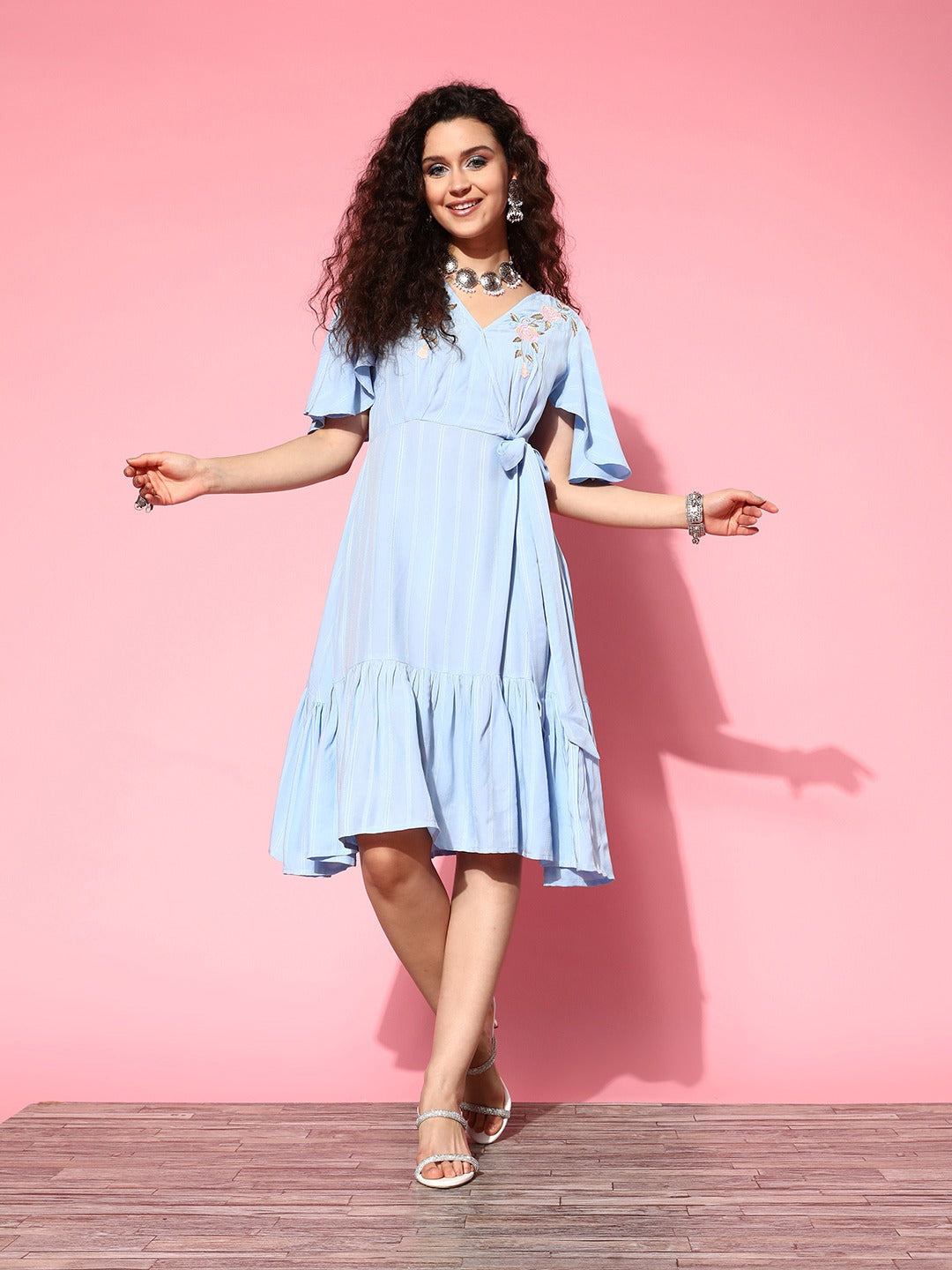 Women's Sky Blue Rayon Dobby Embroiderd Dress - Yufta