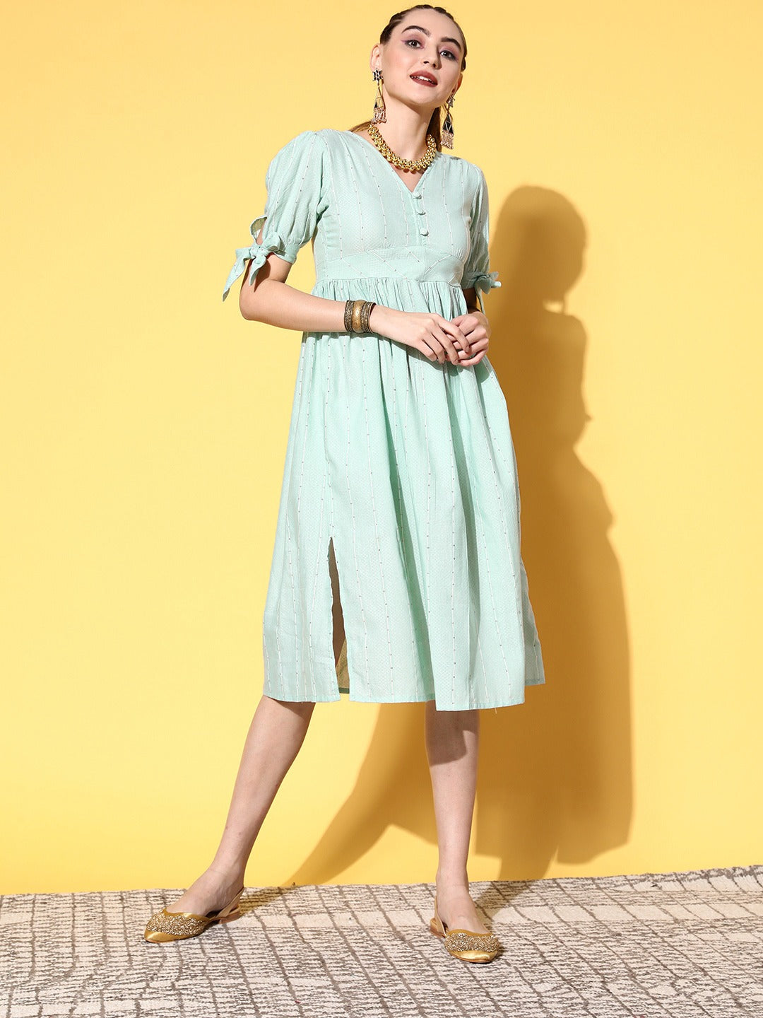 Women's Sea Green On Puff Sleeves Sequence Dobby A Line Dress - Yufta