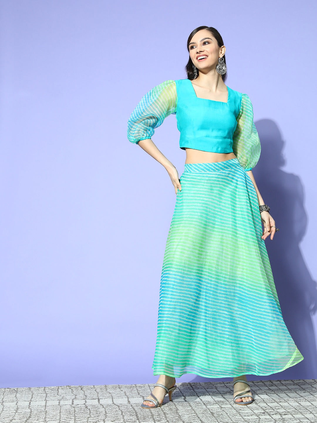 Women's Blue Modal Organza Co Ord Set - Yufta