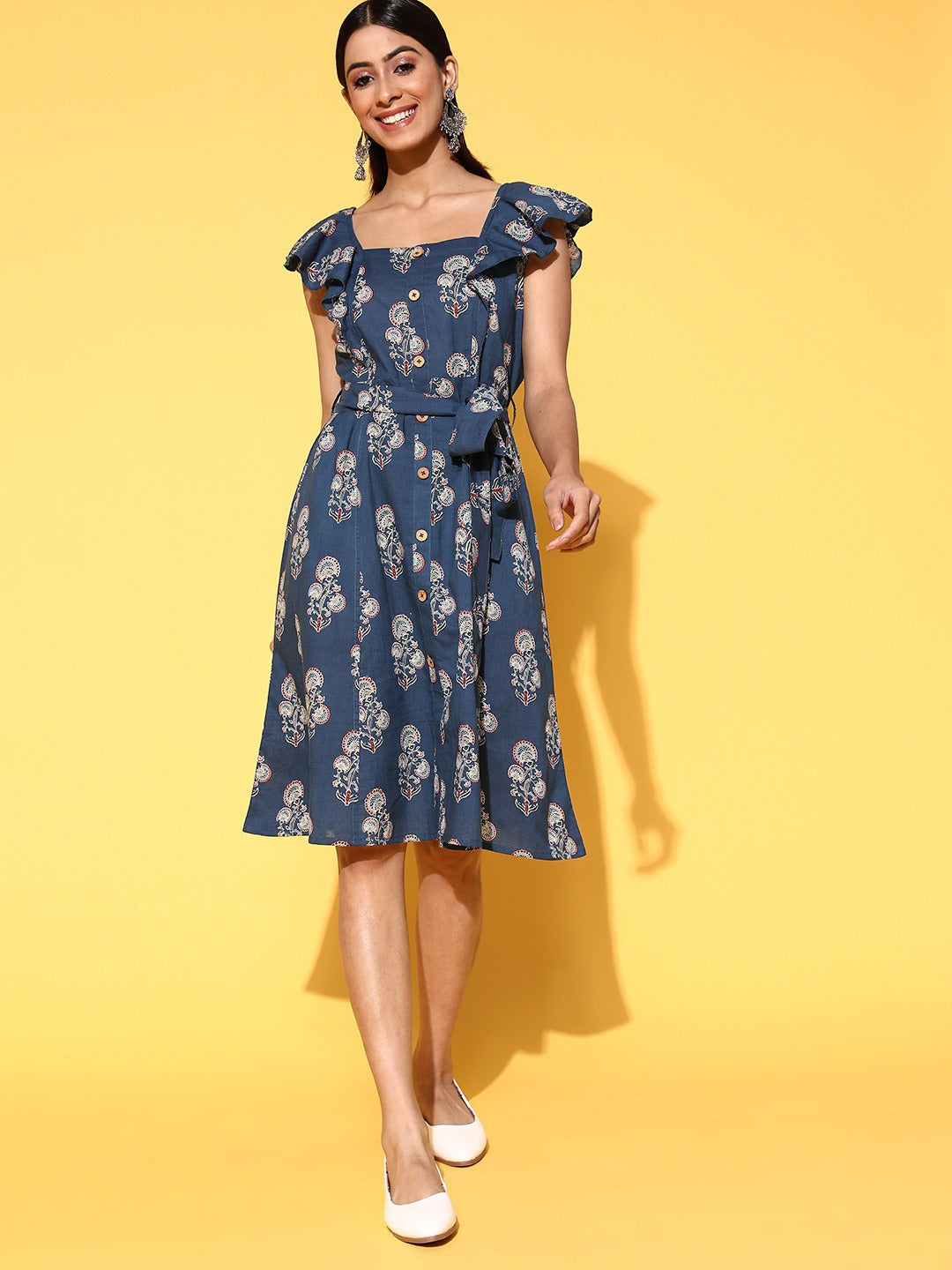 Women's Blue Cotton Fit And Flare Dress - Yufta