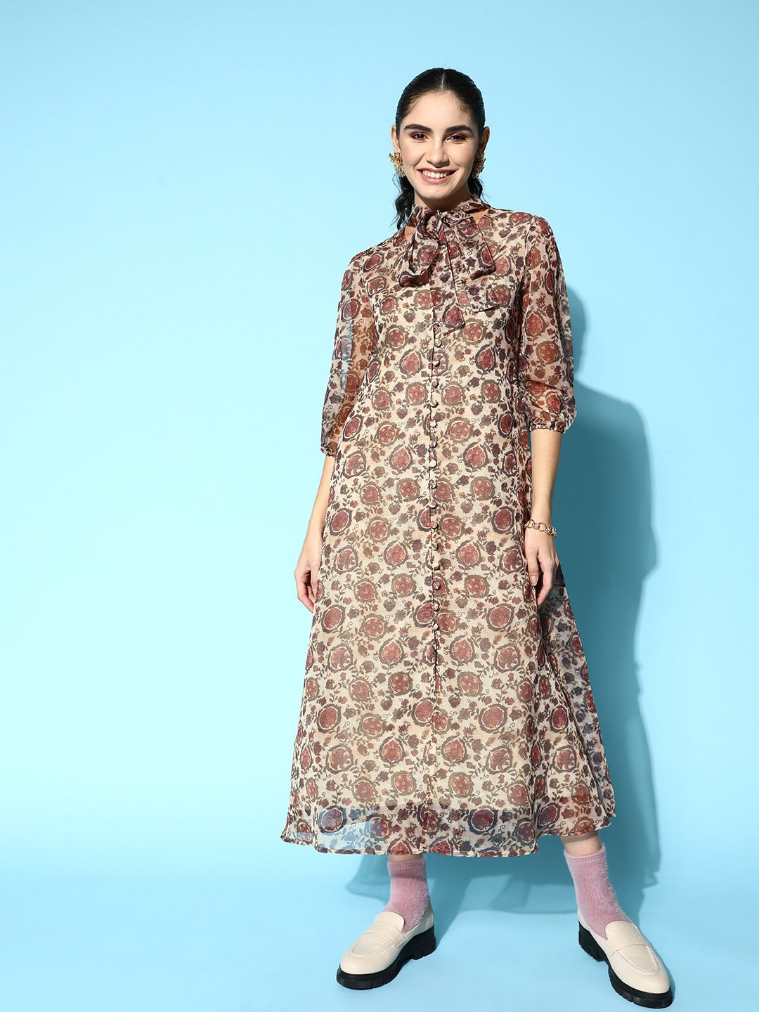 Women's Beige Ethnic Motifs A-Line Dress - Yufta