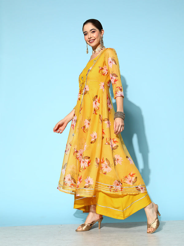 Women's Yellow Floral Fit And Flare Dress - Yufta