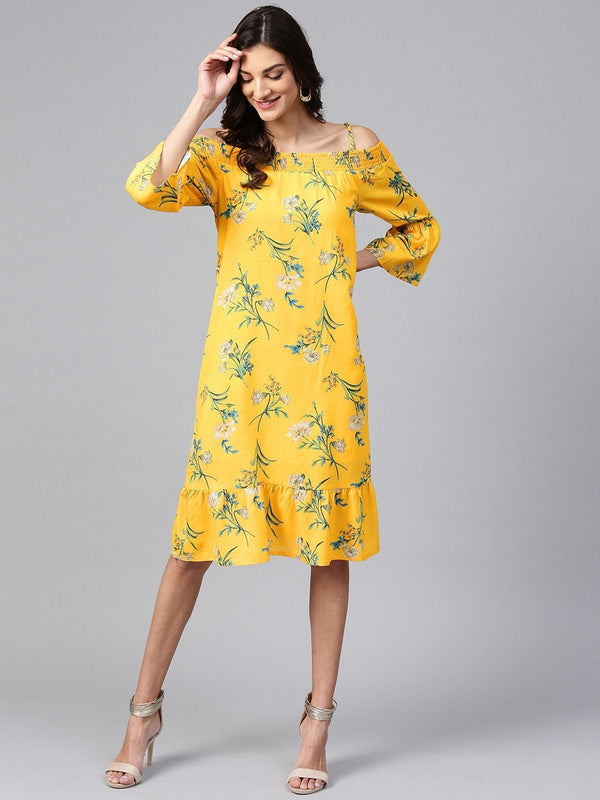 Women's Yellow Floral Off-Shoulder Bardot Dress - Pannkh