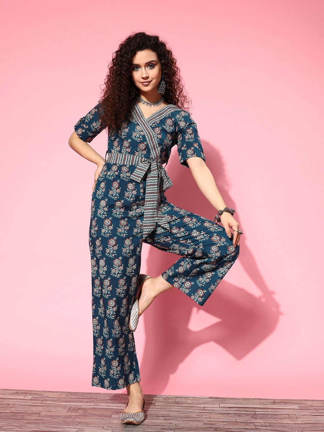 Women's Blue Floral Culotte Jumpsuit Kurta  Set - Yufta