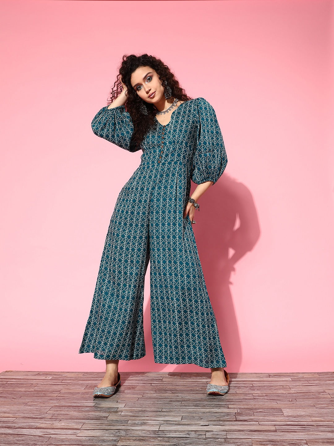 Women's Teal Blue Striped Culotte Jumpsuit Kurta  Set - Yufta