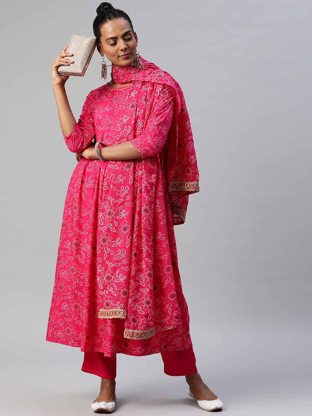 Women's Pink Bandhani Printed Pure Cotton Gotta Patti Anarkali Kurta - Hatheli